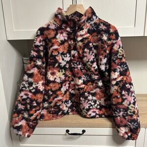 Loft Sherpa Fleece Pullover Women XS Floral Snap Mock Neck Sweater Oversize Cozy
